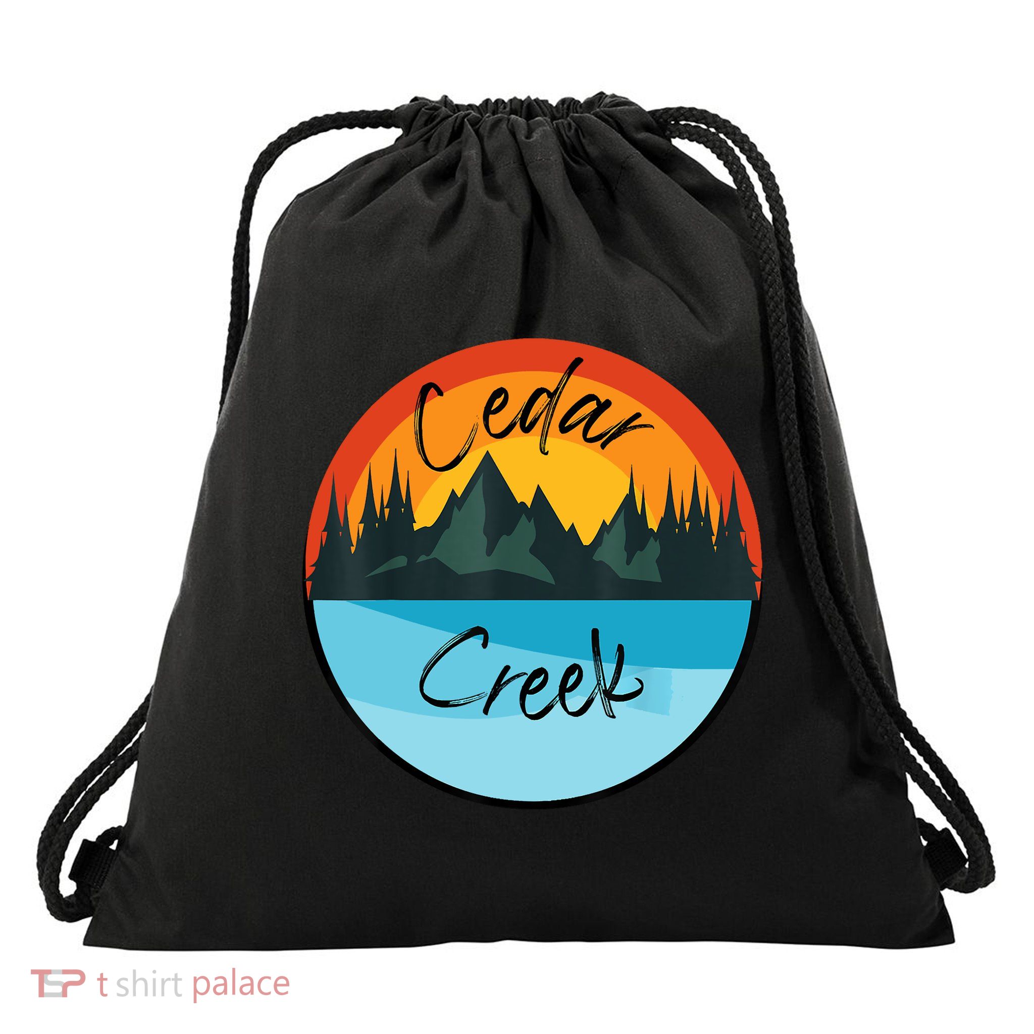 Camping Graphic Tee. Cedar Creek Drawstring Bag