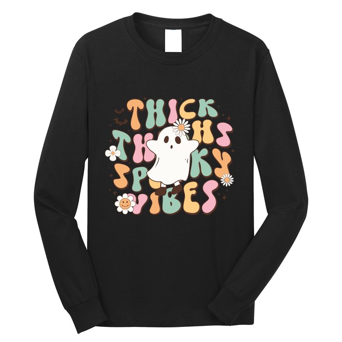 Cute Ghost Thick Thighs Spooky Vibes Death Pumpkin Retro Halloween Long Sleeve Shirt