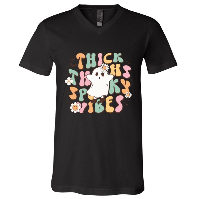 Cute Ghost Thick Thighs Spooky Vibes Death Pumpkin Retro Halloween V-Neck T-Shirt