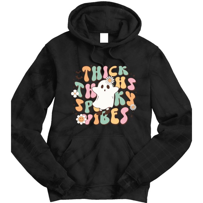 Cute Ghost Thick Thighs Spooky Vibes Death Pumpkin Retro Halloween Tie Dye Hoodie