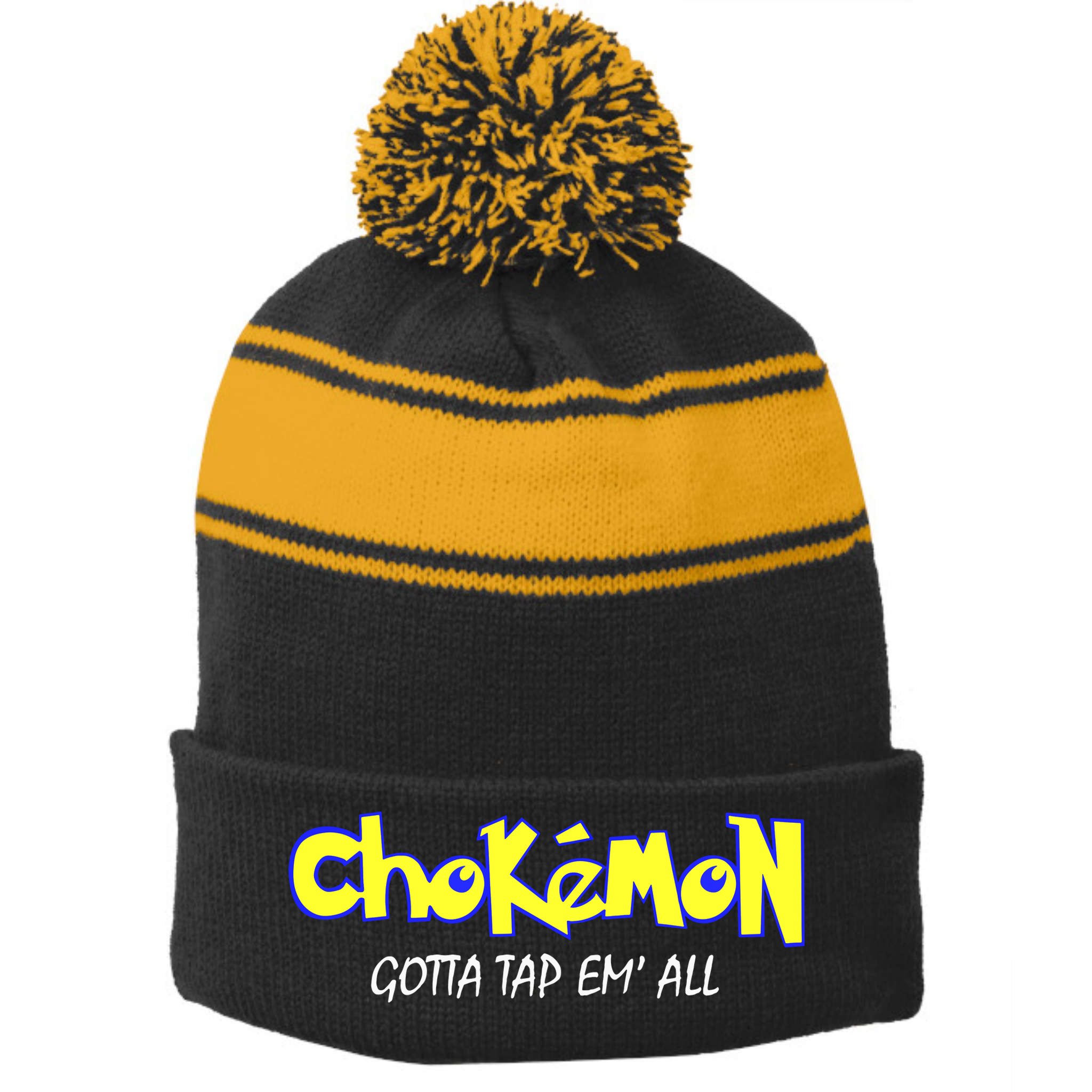 Chokemon Gotta Tap Em All Funny Jiu Jitsu MMA Stripe Pom Pom Beanie