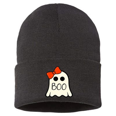 Cute Ghost With Bow Boo Halloween For Girls Sustainable Knit Beanie