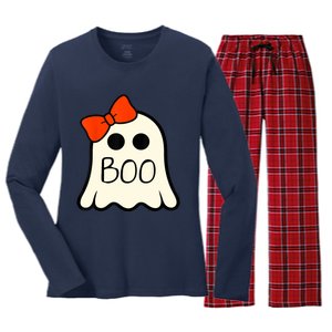 Cute Ghost With Bow Boo Halloween For Girls Women's Long Sleeve Flannel Pajama Set 