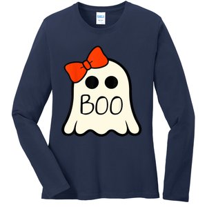 Cute Ghost With Bow Boo Halloween For Girls Ladies Long Sleeve Shirt