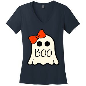 Cute Ghost With Bow Boo Halloween For Girls Women's V-Neck T-Shirt