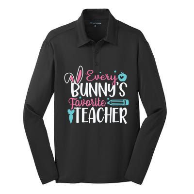 Cute Graphic With Funny Saying Every Bunnys Favorite Teacher Cool Gift Silk Touch Performance Long Sleeve Polo