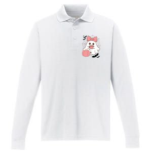 Cute Ghost With Pumpkin And Bow Performance Long Sleeve Polo