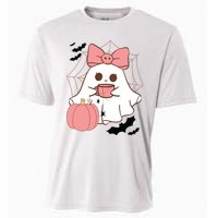 Cute Ghost With Pumpkin And Bow Cooling Performance Crew T-Shirt