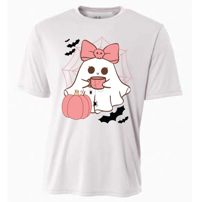 Cute Ghost With Pumpkin And Bow Cooling Performance Crew T-Shirt