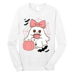 Cute Ghost With Pumpkin And Bow Long Sleeve Shirt