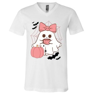 Cute Ghost With Pumpkin And Bow V-Neck T-Shirt