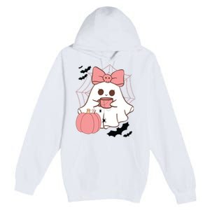 Cute Ghost With Pumpkin And Bow Premium Pullover Hoodie