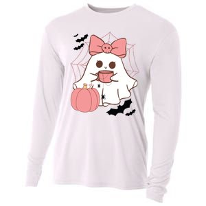 Cute Ghost With Pumpkin And Bow Cooling Performance Long Sleeve Crew