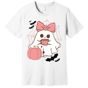 Cute Ghost With Pumpkin And Bow Premium T-Shirt