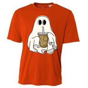 Cute Ghost With Coffee Funny Halloween Spooky Coffee Lovers Gift Cooling Performance Crew T-Shirt