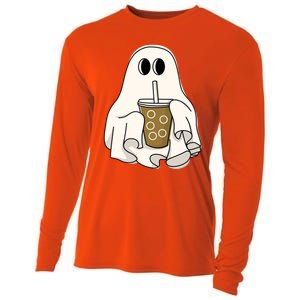 Cute Ghost With Coffee Funny Halloween Spooky Coffee Lovers Gift Cooling Performance Long Sleeve Crew