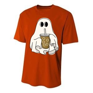 Cute Ghost With Coffee Funny Halloween Spooky Coffee Lovers Gift Performance Sprint T-Shirt