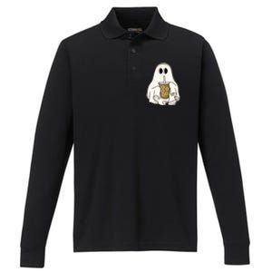 Cute Ghost With Coffee Funny Halloween Spooky Coffee Lovers Gift Performance Long Sleeve Polo