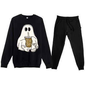 Cute Ghost With Coffee Funny Halloween Spooky Coffee Lovers Gift Premium Crewneck Sweatsuit Set