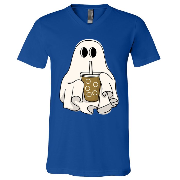 Cute Ghost With Coffee Funny Halloween Spooky Coffee Lovers Gift V-Neck T-Shirt