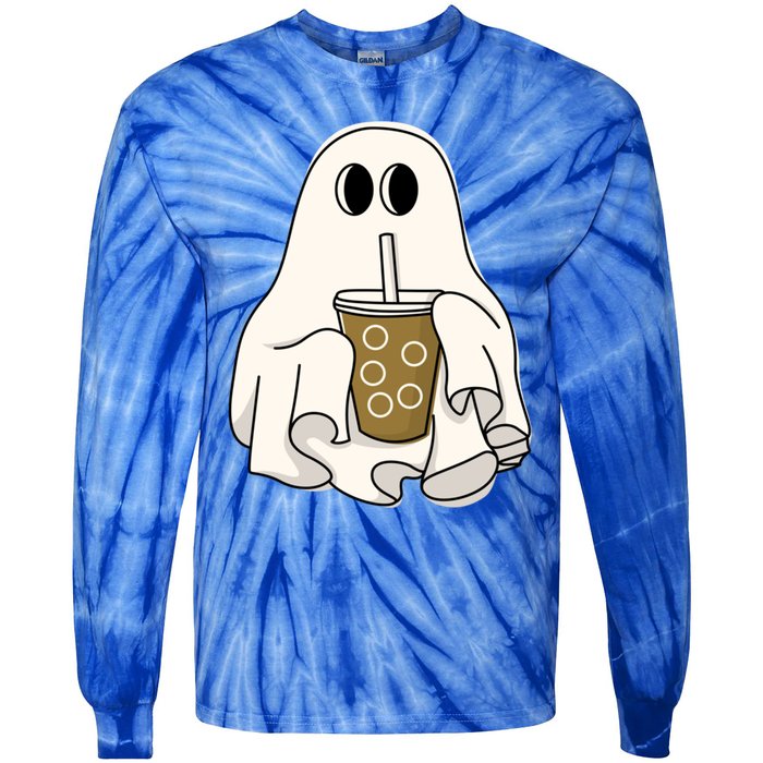 Cute Ghost With Coffee Funny Halloween Spooky Coffee Lovers Gift Tie-Dye Long Sleeve Shirt