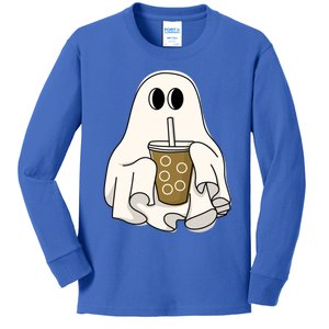 Cute Ghost With Coffee Funny Halloween Spooky Coffee Lovers Gift Kids Long Sleeve Shirt