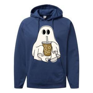 Cute Ghost With Coffee Funny Halloween Spooky Coffee Lovers Gift Performance Fleece Hoodie