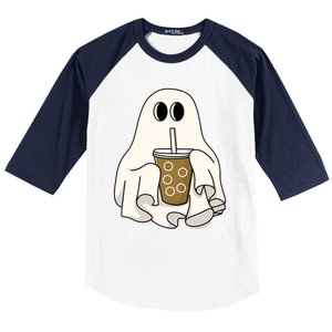 Cute Ghost With Coffee Funny Halloween Spooky Coffee Lovers Gift Baseball Sleeve Shirt