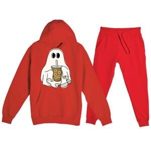 Cute Ghost With Coffee Funny Halloween Spooky Coffee Lovers Gift Premium Hooded Sweatsuit Set