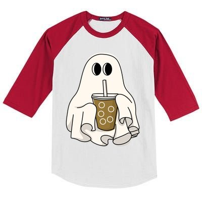 Cute Ghost With Coffee Funny Halloween Spooky Coffee Lovers Gift Kids Colorblock Raglan Jersey