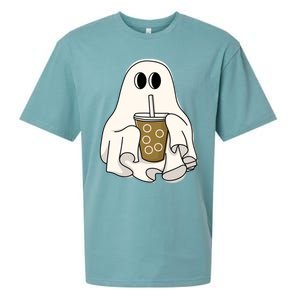 Cute Ghost With Coffee Funny Halloween Spooky Coffee Lovers Gift Sueded Cloud Jersey T-Shirt