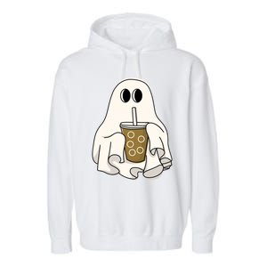 Cute Ghost With Coffee Funny Halloween Spooky Coffee Lovers Gift Garment-Dyed Fleece Hoodie