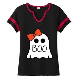 Cute Ghost With Bow Boo Halloween For Girls Kids Ladies Halftime Notch Neck Tee