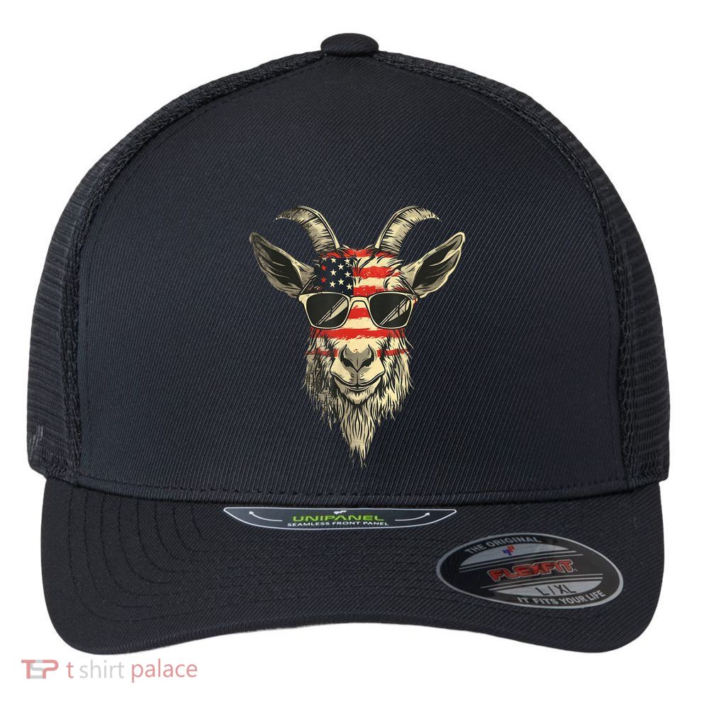 Cool Goat With Sunglasses And Usa Flag Flexfit Unipanel Trucker Cap