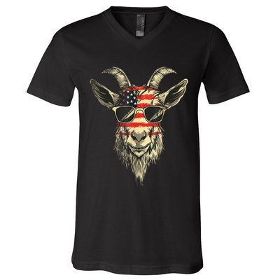 Cool Goat With Sunglasses And Usa Flag V-Neck T-Shirt