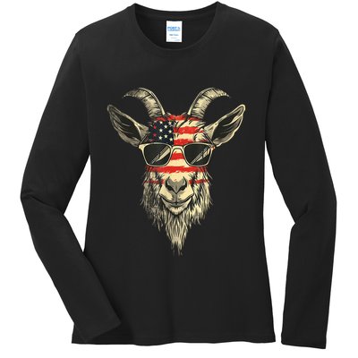 Cool Goat With Sunglasses And Usa Flag Ladies Long Sleeve Shirt