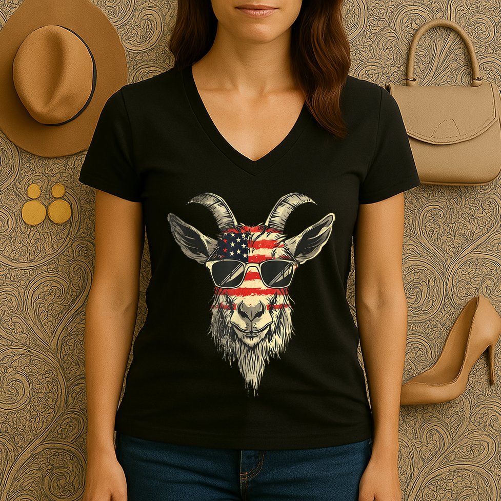 Cool Goat With Sunglasses And Usa Flag Women's V-Neck T-Shirt