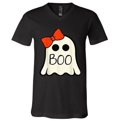 Cute Ghost with Bow Boo Halloween For Girls Kid Toddler V-Neck T-Shirt