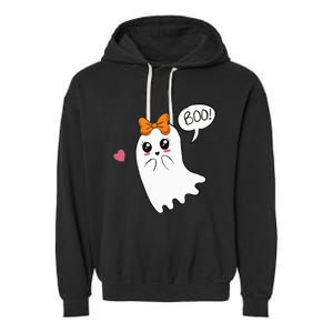 Cute Ghost with Bow Saying Boo Halloween Heart Garment-Dyed Fleece Hoodie