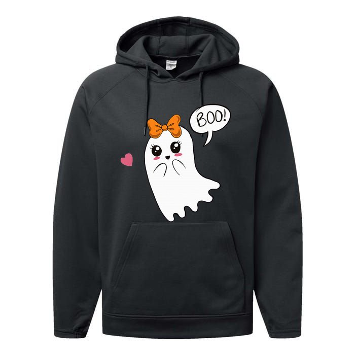 Cute Ghost with Bow Saying Boo Halloween Heart Performance Fleece Hoodie