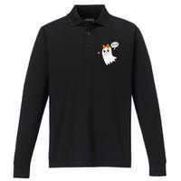 Cute Ghost with Bow Saying Boo Halloween Heart Performance Long Sleeve Polo