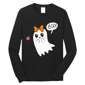 Cute Ghost with Bow Saying Boo Halloween Heart Long Sleeve Shirt