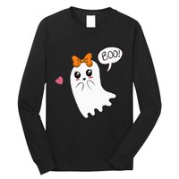 Cute Ghost with Bow Saying Boo Halloween Heart Long Sleeve Shirt