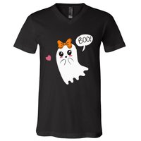 Cute Ghost with Bow Saying Boo Halloween Heart V-Neck T-Shirt