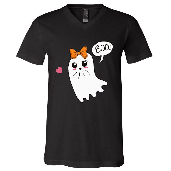 Cute Ghost with Bow Saying Boo Halloween Heart V-Neck T-Shirt