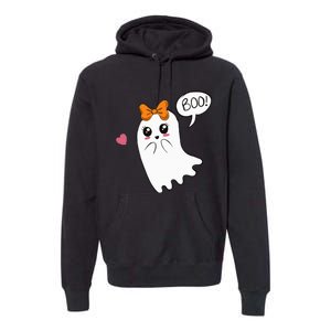 Cute Ghost with Bow Saying Boo Halloween Heart Premium Hoodie