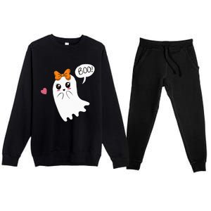 Cute Ghost with Bow Saying Boo Halloween Heart Premium Crewneck Sweatsuit Set