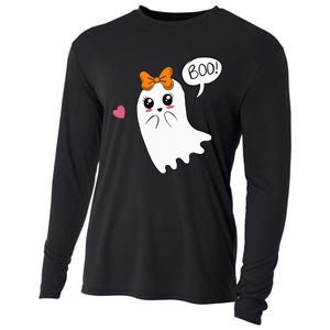 Cute Ghost with Bow Saying Boo Halloween Heart Cooling Performance Long Sleeve Crew