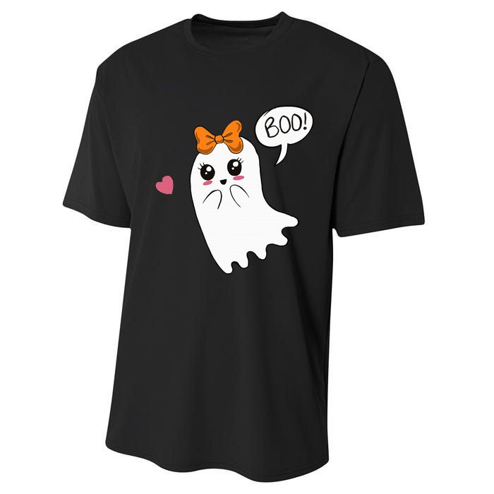 Cute Ghost with Bow Saying Boo Halloween Heart Performance Sprint T-Shirt