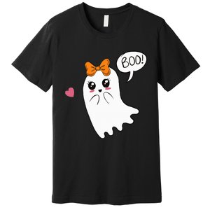 Cute Ghost with Bow Saying Boo Halloween Heart Premium T-Shirt